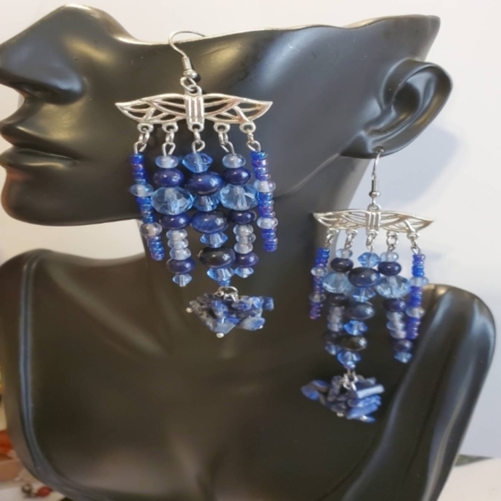 Lapis Luzuli Gemstone Sodalite Stone Blue Glass MultiStrand Statement Dangle Ear
